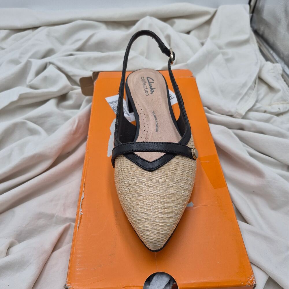 NEW Clarks Natalyn Sling Pointed Toe Flats Natural Raffia & Black women SZ 10 W - Picture 2 of 10